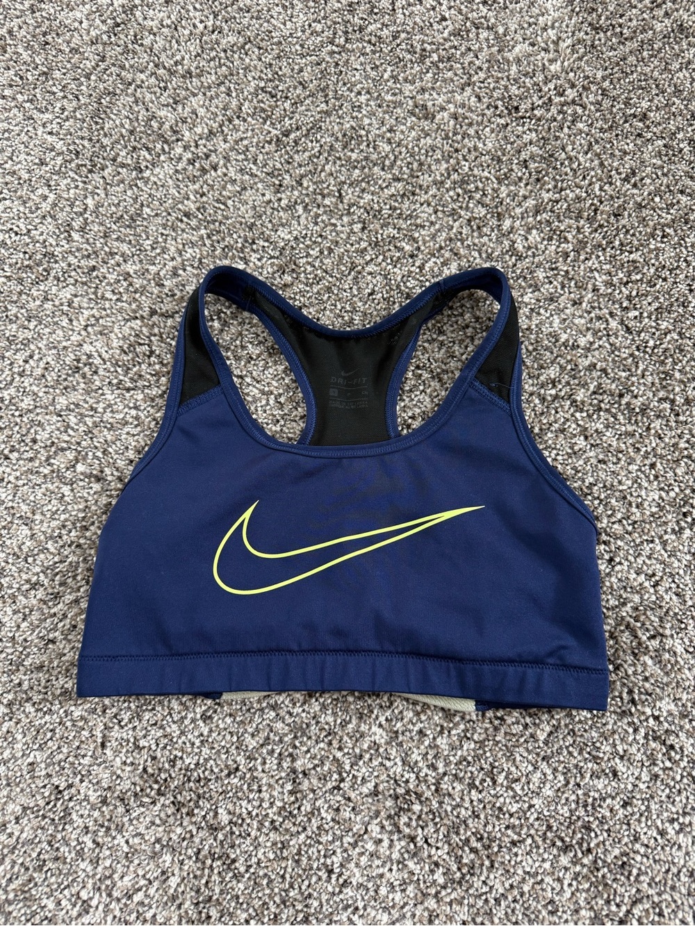 Nike Navy Sports Bra with Neon Yellow Swoosh